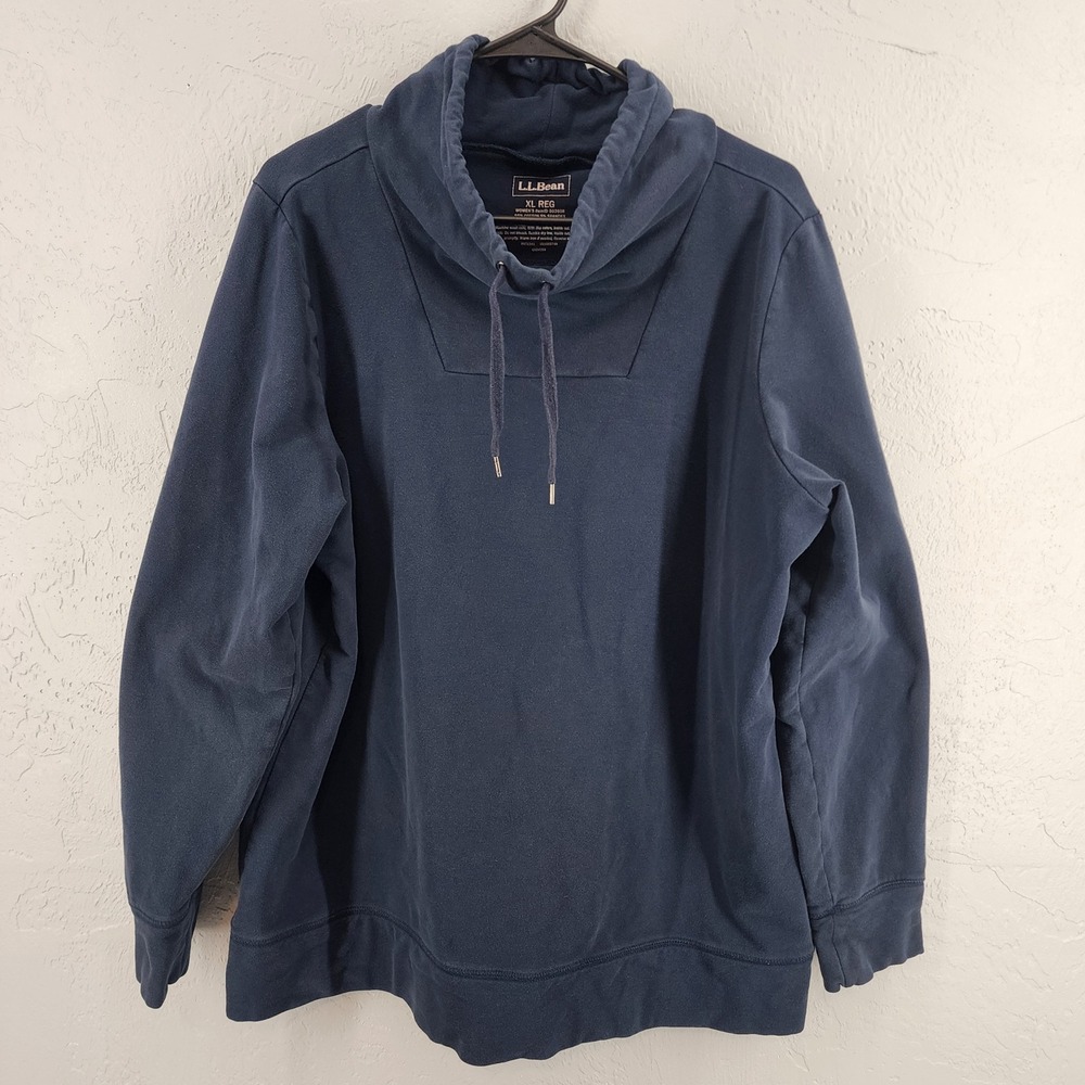 LL Bean Women XL Navy Blue Cowl Neck Drawstring Pullover Sweatshirt Cotton Blend